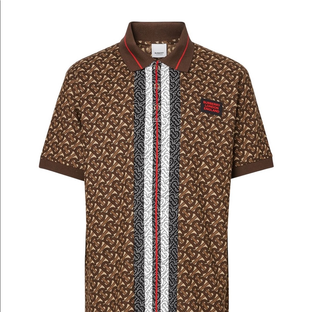 BURBERRY Monogram Stripe Print Cotton Piqué Polo Shirt Mens L
